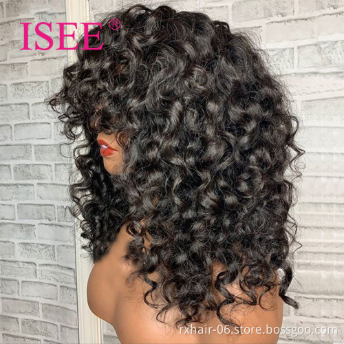 Brazilian Pineapple Wave Machine Made Human Hair Wigs With Bangs, Full Machine Made Rose Water Wave Curly Wig For Black Women